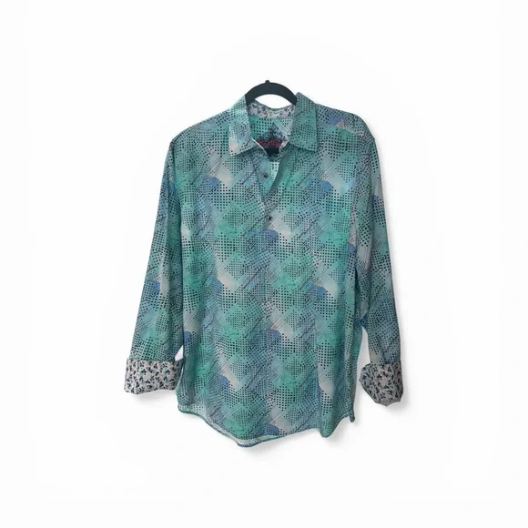 Robert Graham Aqua and Navy Geometric Dress Shirt - Picture 2 of 5